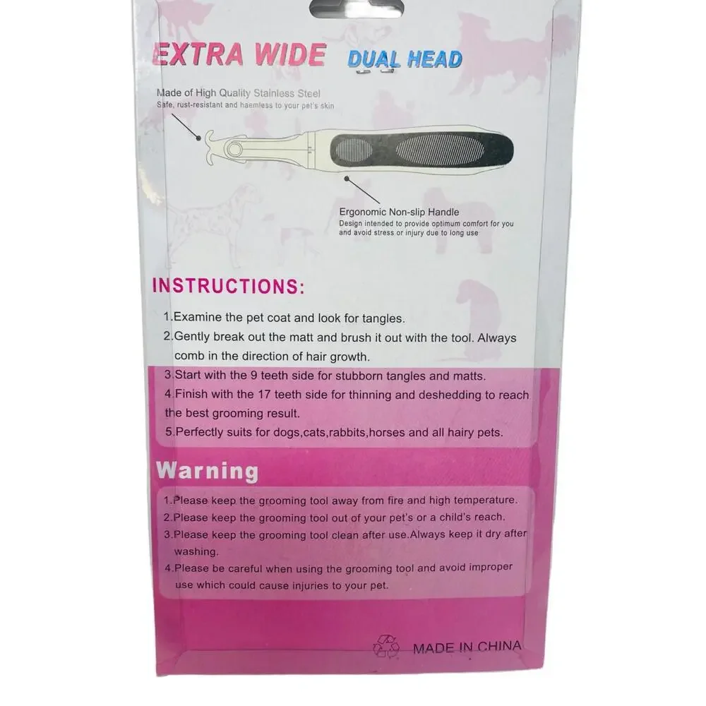 Dog Dematting Comb Professional Grooming Tool Extra Wide Dual Head Rounded Teeth
